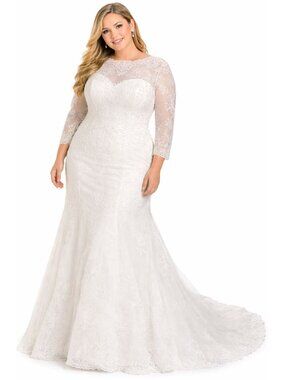 Plus Size 18W Lace Wedding Dress Long Sleeve High Low Train Bridal